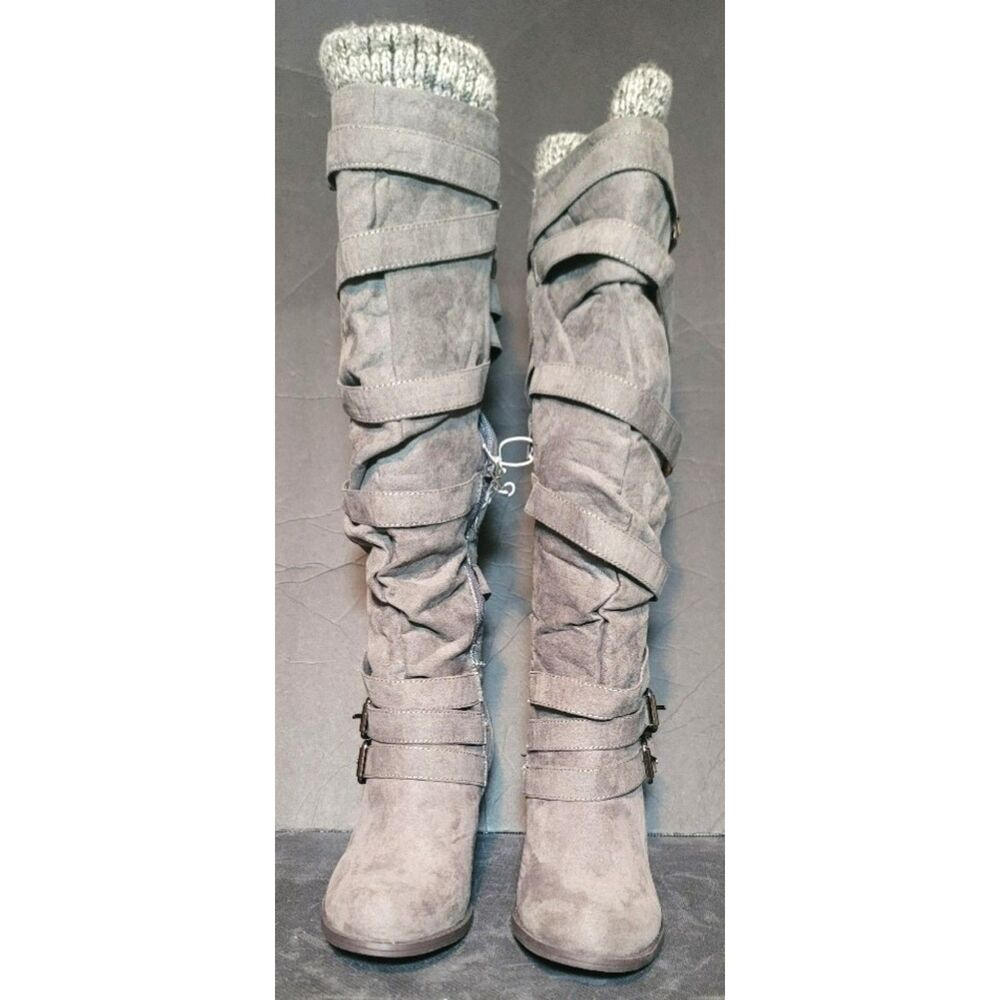 Gray Suede Knee-High Heeled Boots with Wrap Straps